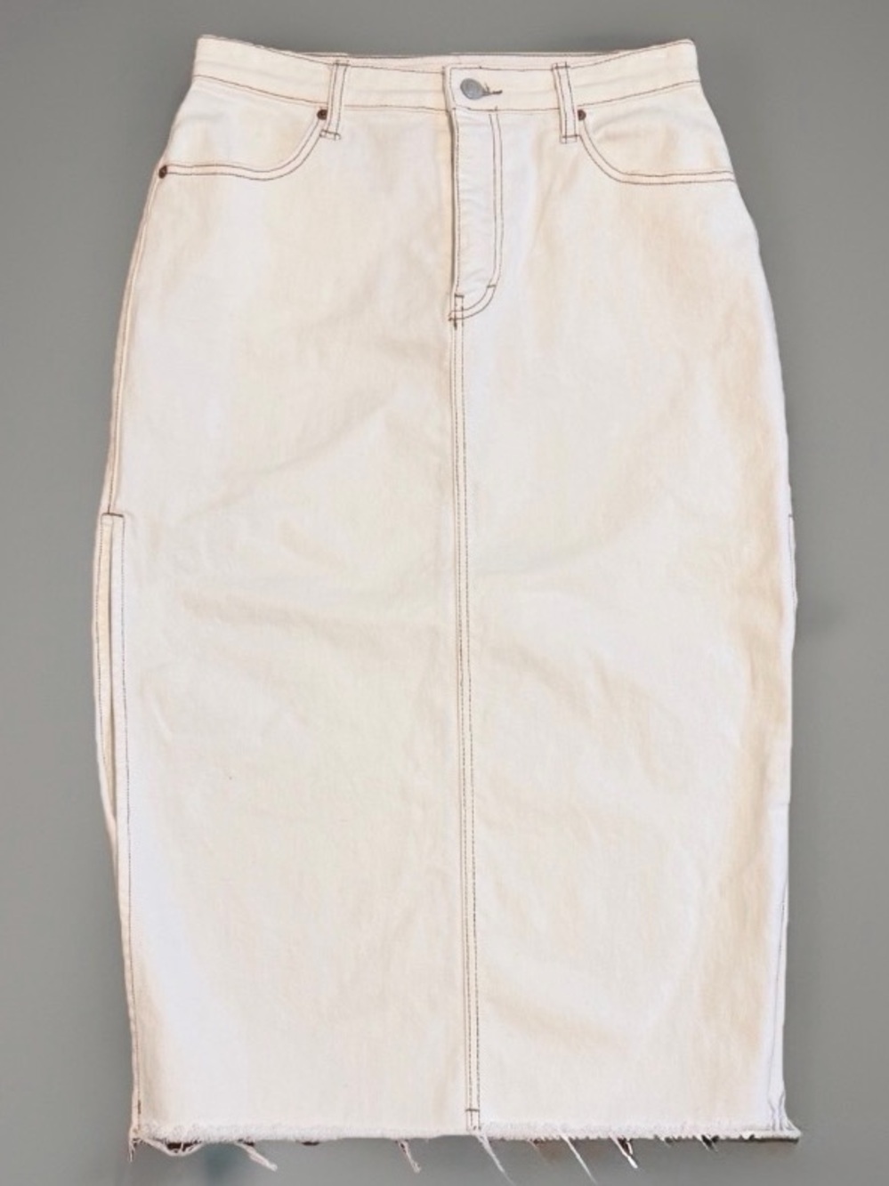 GB White Denim Midi Skirt Raw Hem Stretch Jean Skirt Size 9